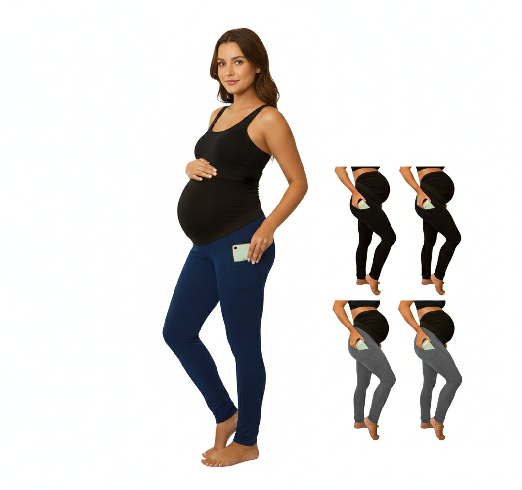 Pure color panel long and high waist side pocket Maternity Pants