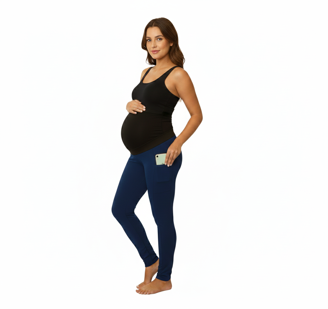 Pure color panel long and high waist side pocket Maternity Pants